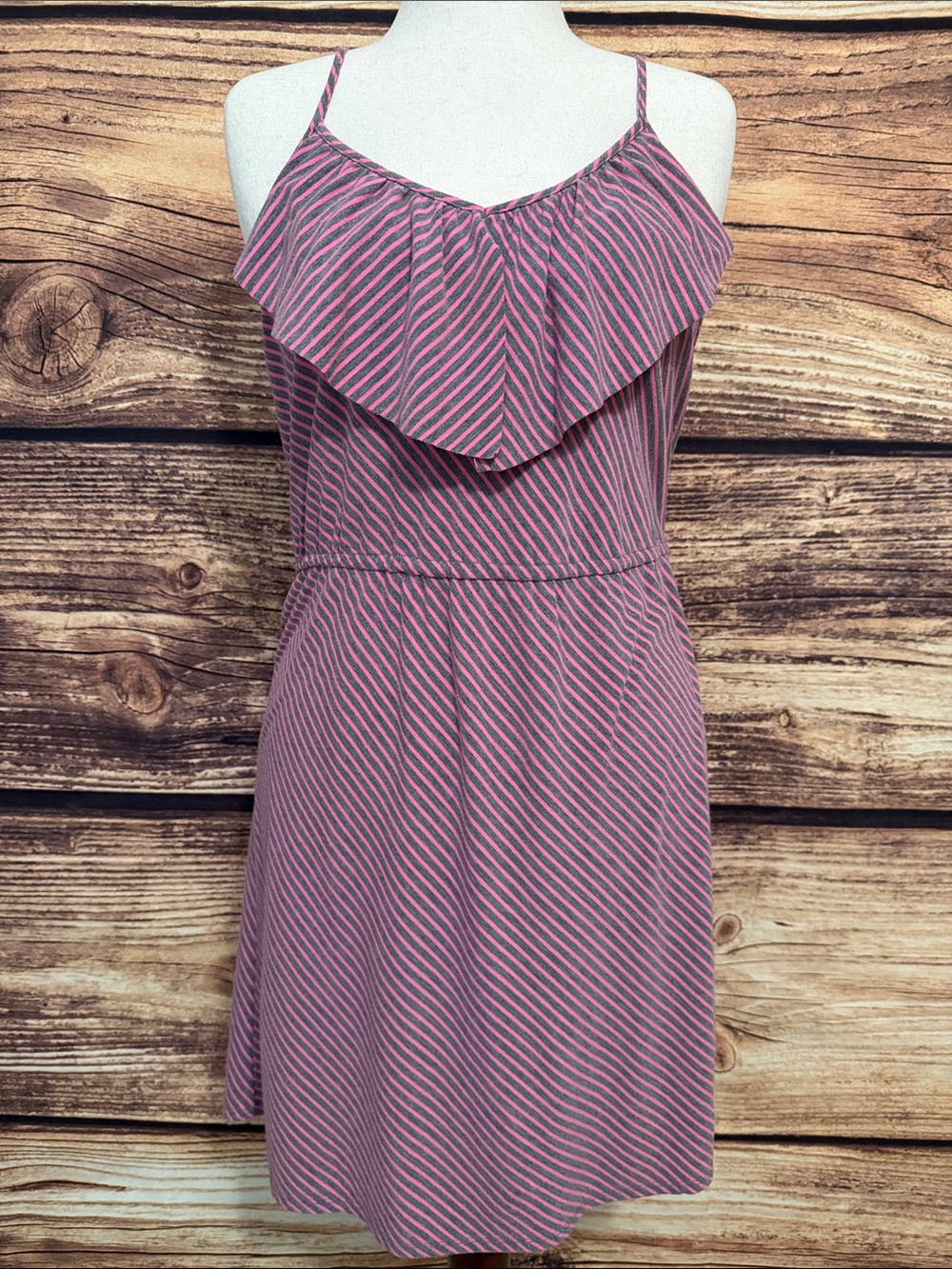 Mossimo Supply Co. Pink and Gray Striped Ruffle Spaghetti Strap Mini Dress